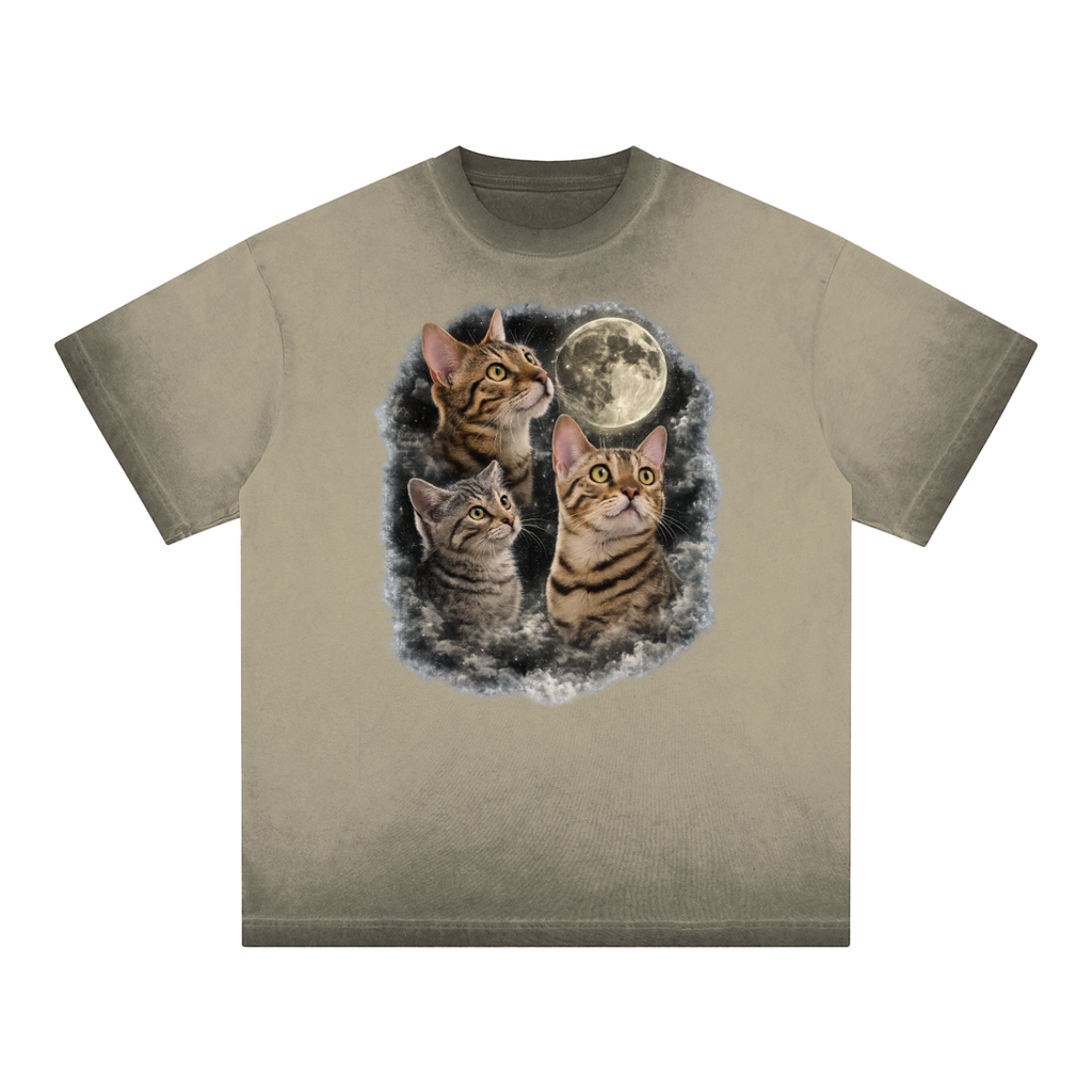 3 Cat Moon Reverse Dyed Loose Cotton T-Shirt